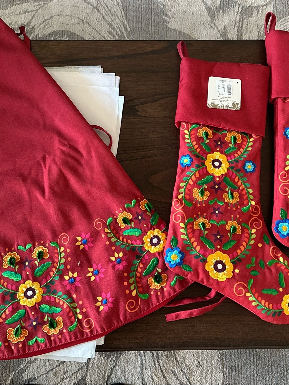 Red Embroidered Holiday Tree Skirt and Stockings with Floral Detail